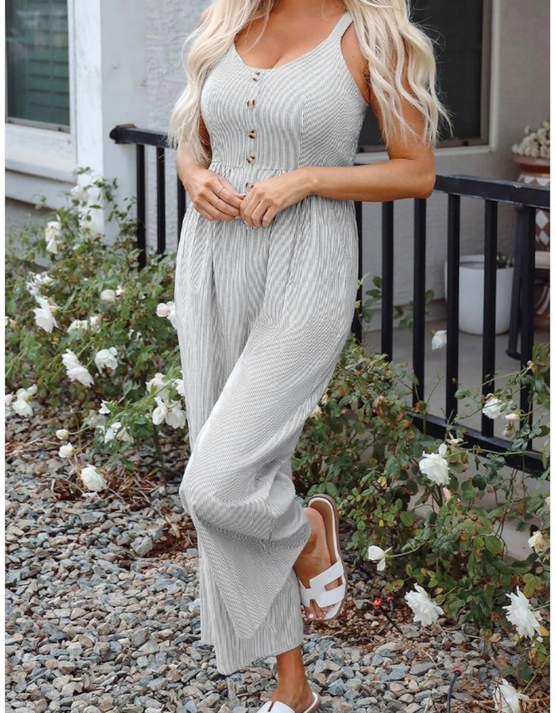 Black Stripe Half Buttoned Sleeveless Wide Leg Jumpsuit