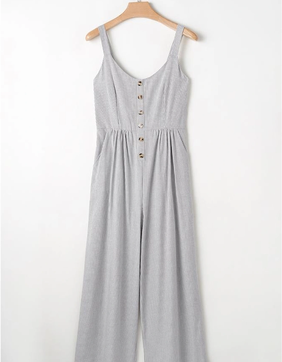 Black Stripe Half Buttoned Sleeveless Wide Leg Jumpsuit