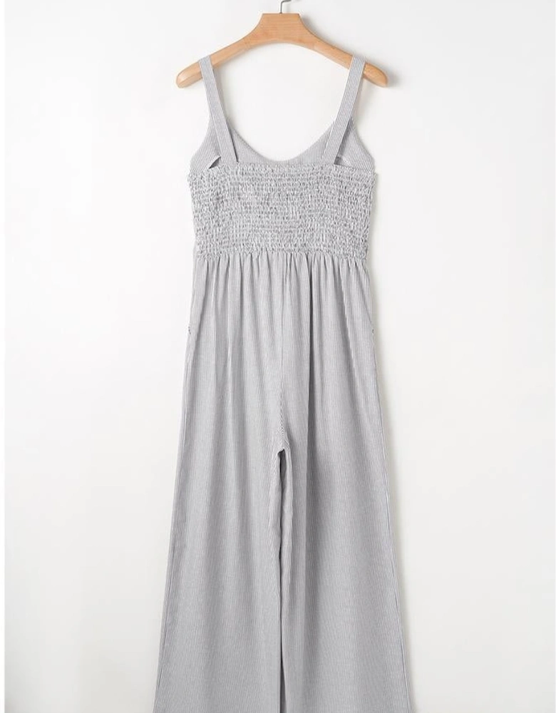 Black Stripe Half Buttoned Sleeveless Wide Leg Jumpsuit