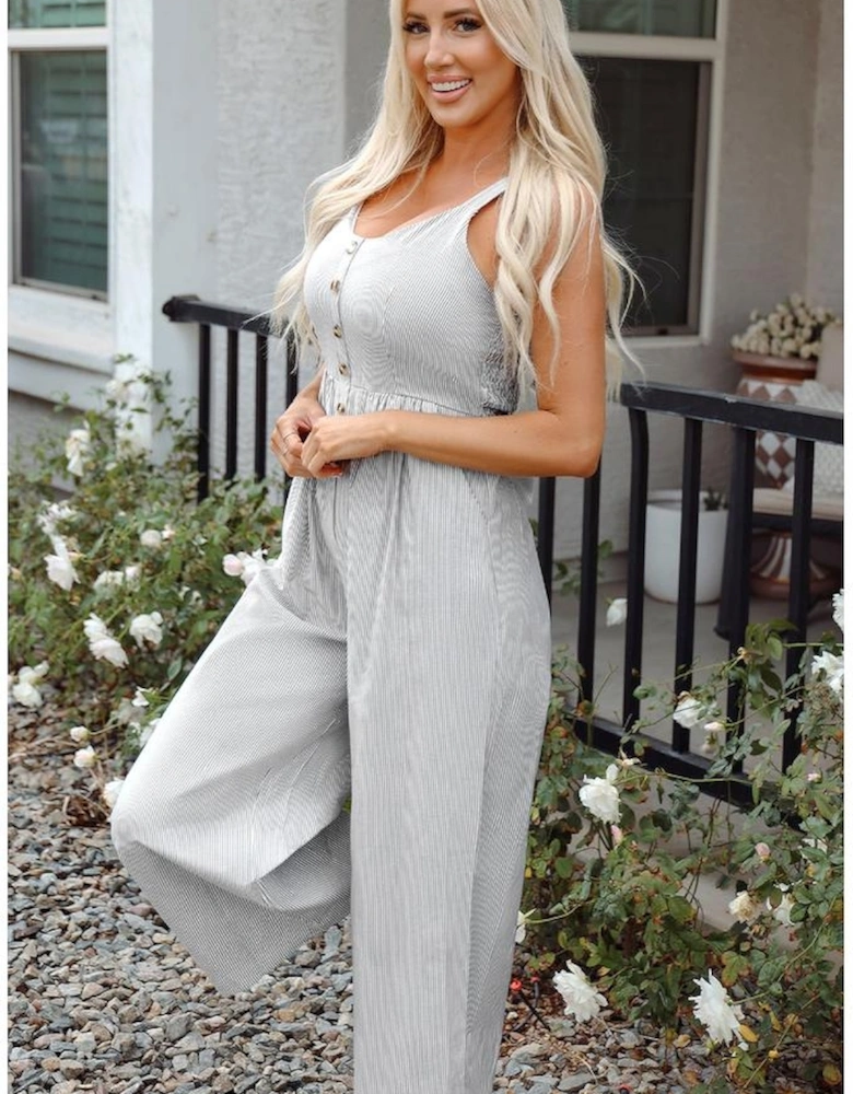 Black Stripe Half Buttoned Sleeveless Wide Leg Jumpsuit