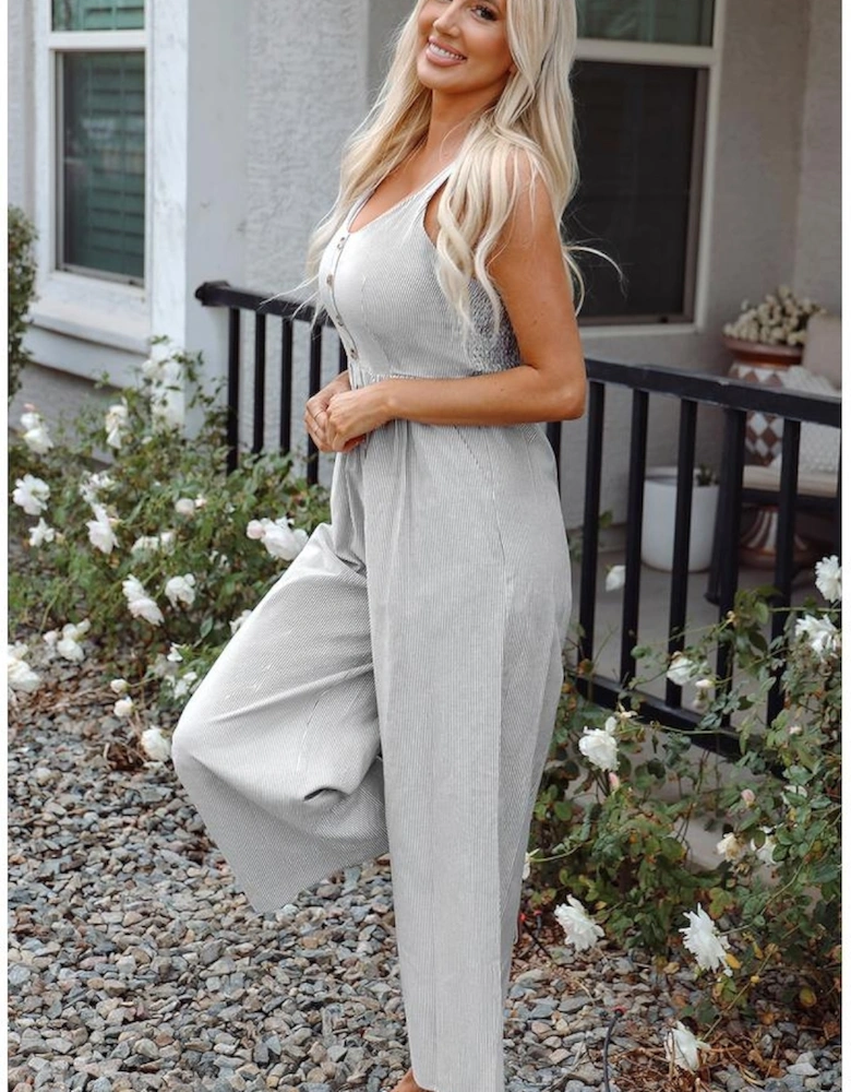 Black Stripe Half Buttoned Sleeveless Wide Leg Jumpsuit