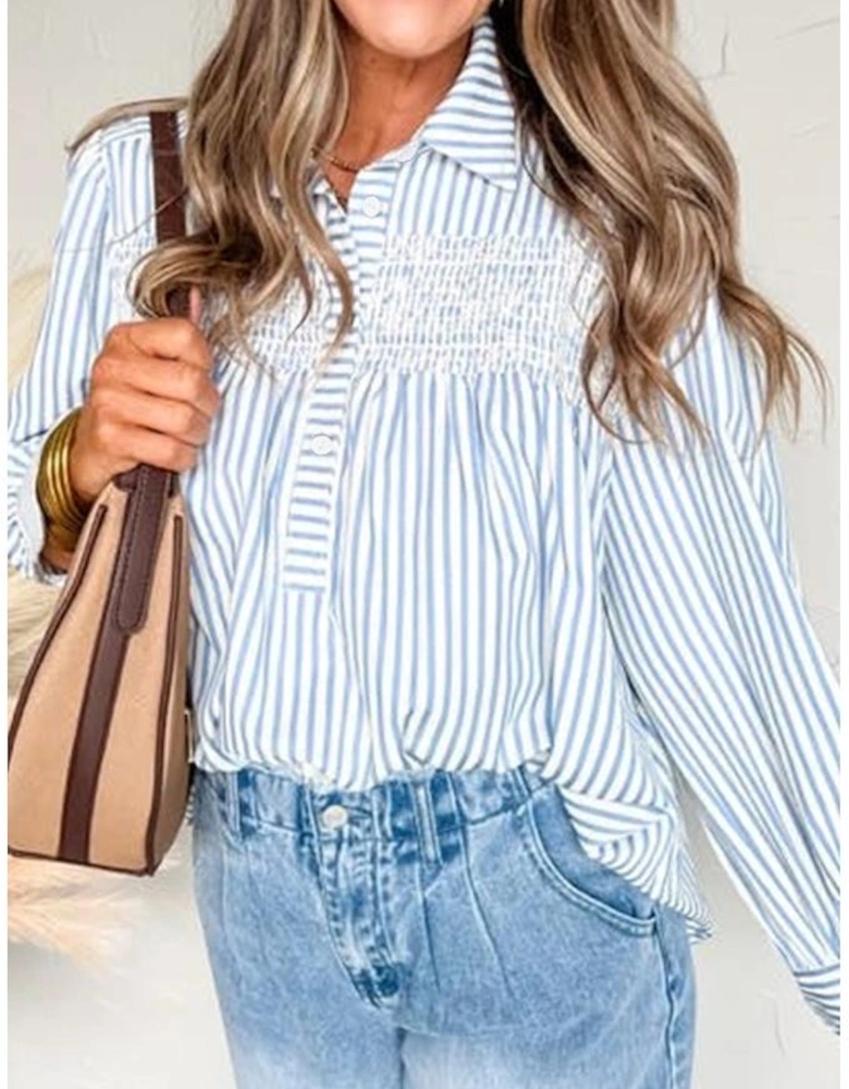 Sky Blue Stripe Shirred Detail Half Placket Collared Long Sleeve Fall Shirt