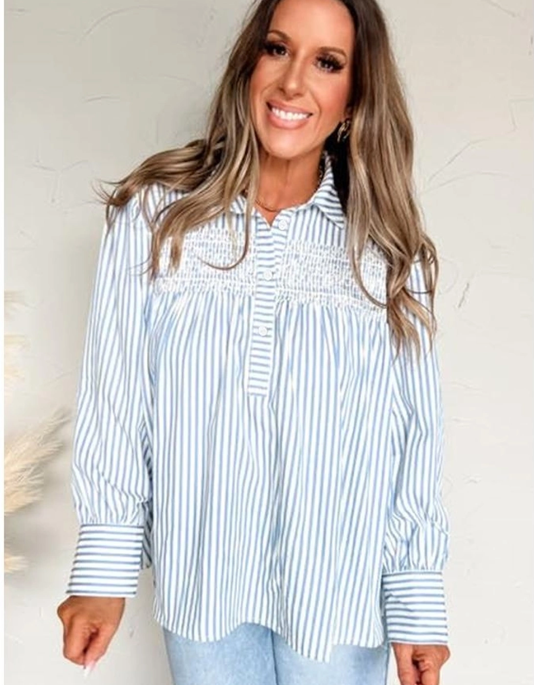 Sky Blue Stripe Shirred Detail Half Placket Collared Long Sleeve Fall Shirt
