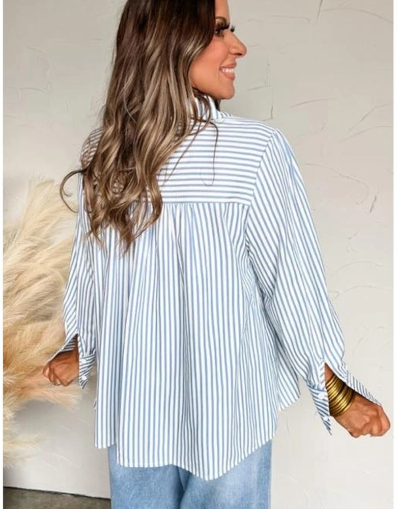 Sky Blue Stripe Shirred Detail Half Placket Collared Long Sleeve Fall Shirt