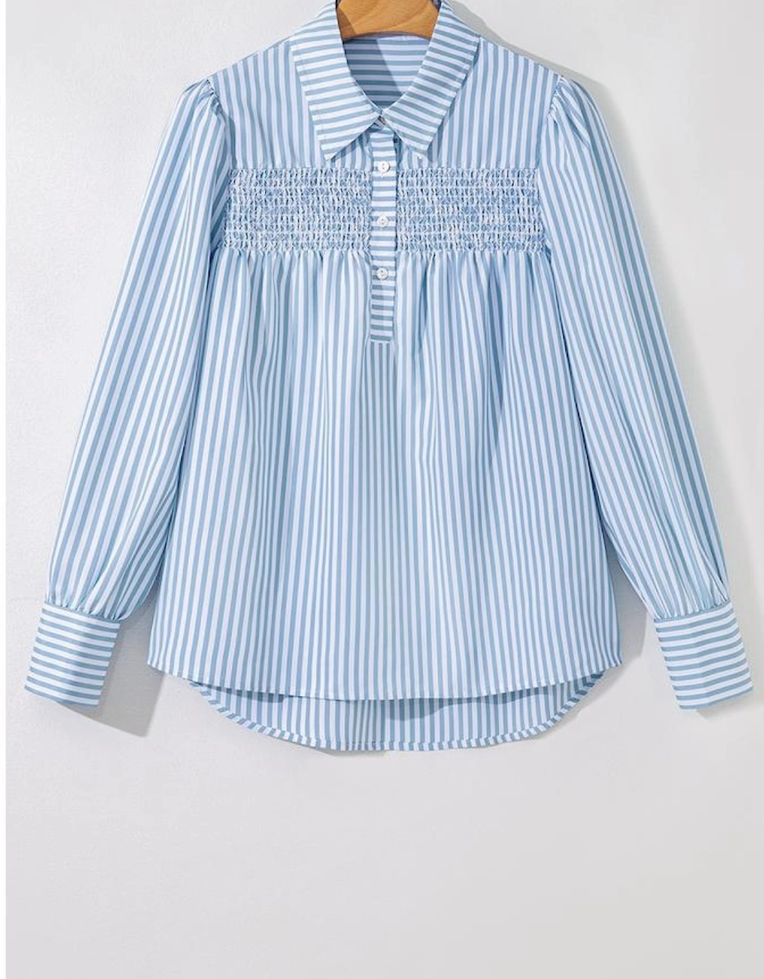 Sky Blue Stripe Shirred Detail Half Placket Collared Long Sleeve Fall Shirt
