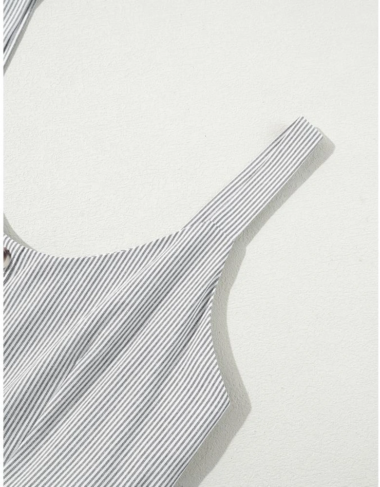Black Stripe Half Buttoned Sleeveless Wide Leg Jumpsuit