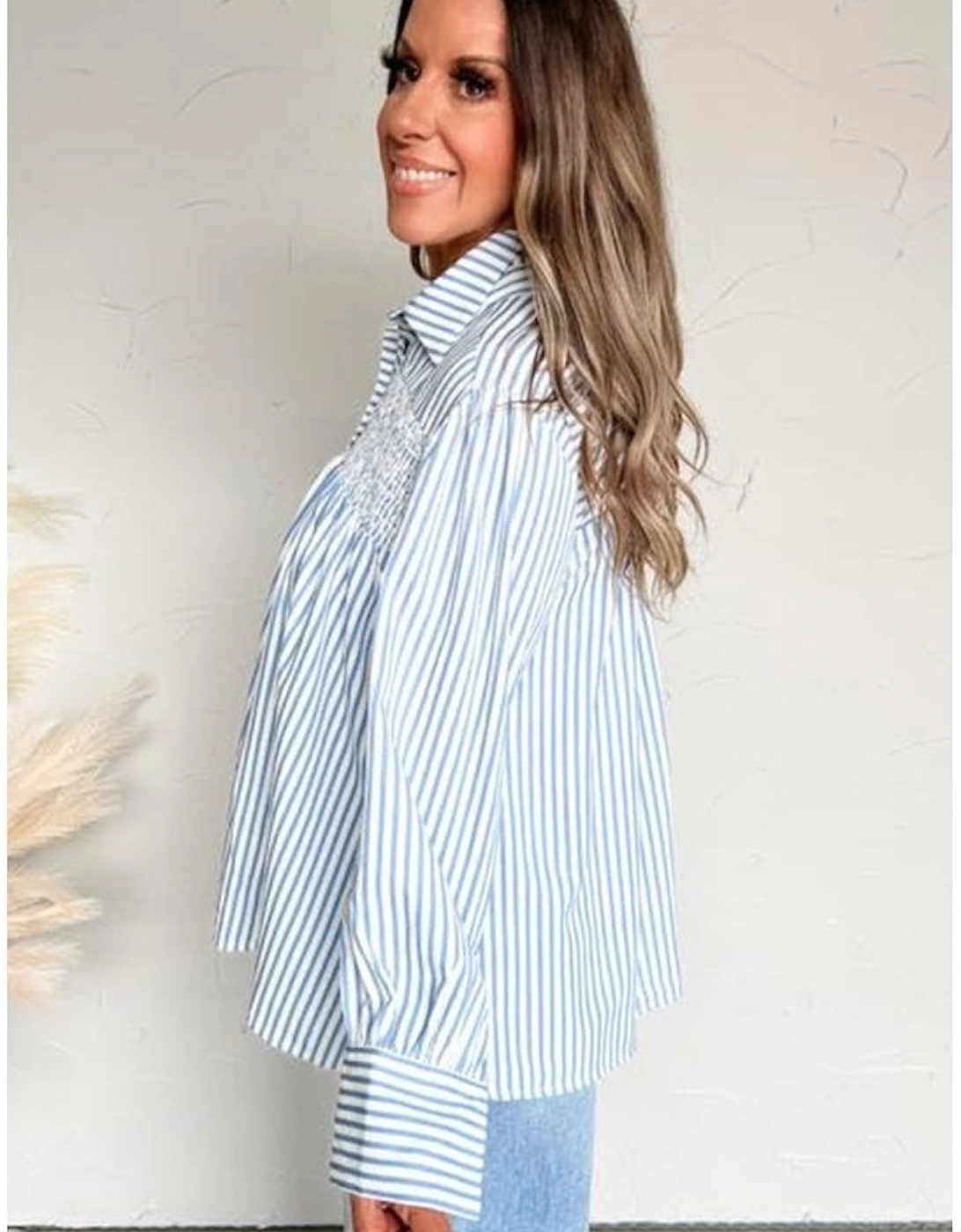 Sky Blue Stripe Shirred Detail Half Placket Collared Long Sleeve Fall Shirt