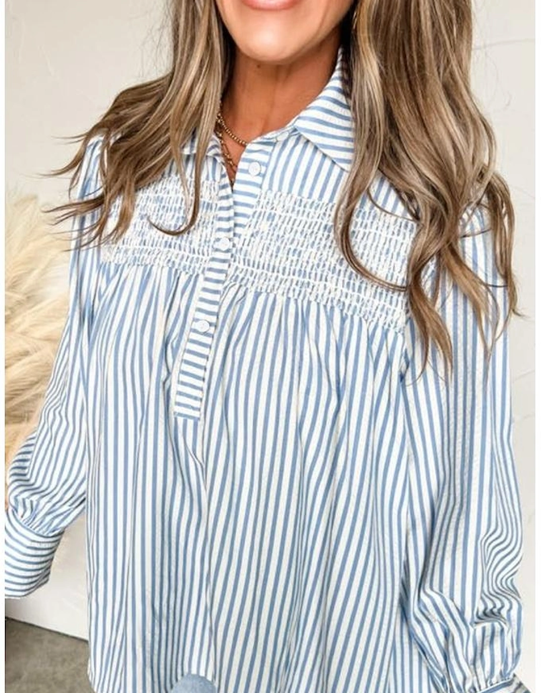 Sky Blue Stripe Shirred Detail Half Placket Collared Long Sleeve Fall Shirt