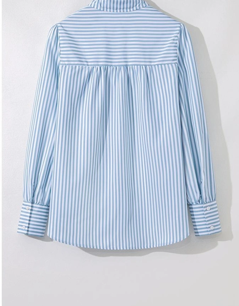 Sky Blue Stripe Shirred Detail Half Placket Collared Long Sleeve Fall Shirt