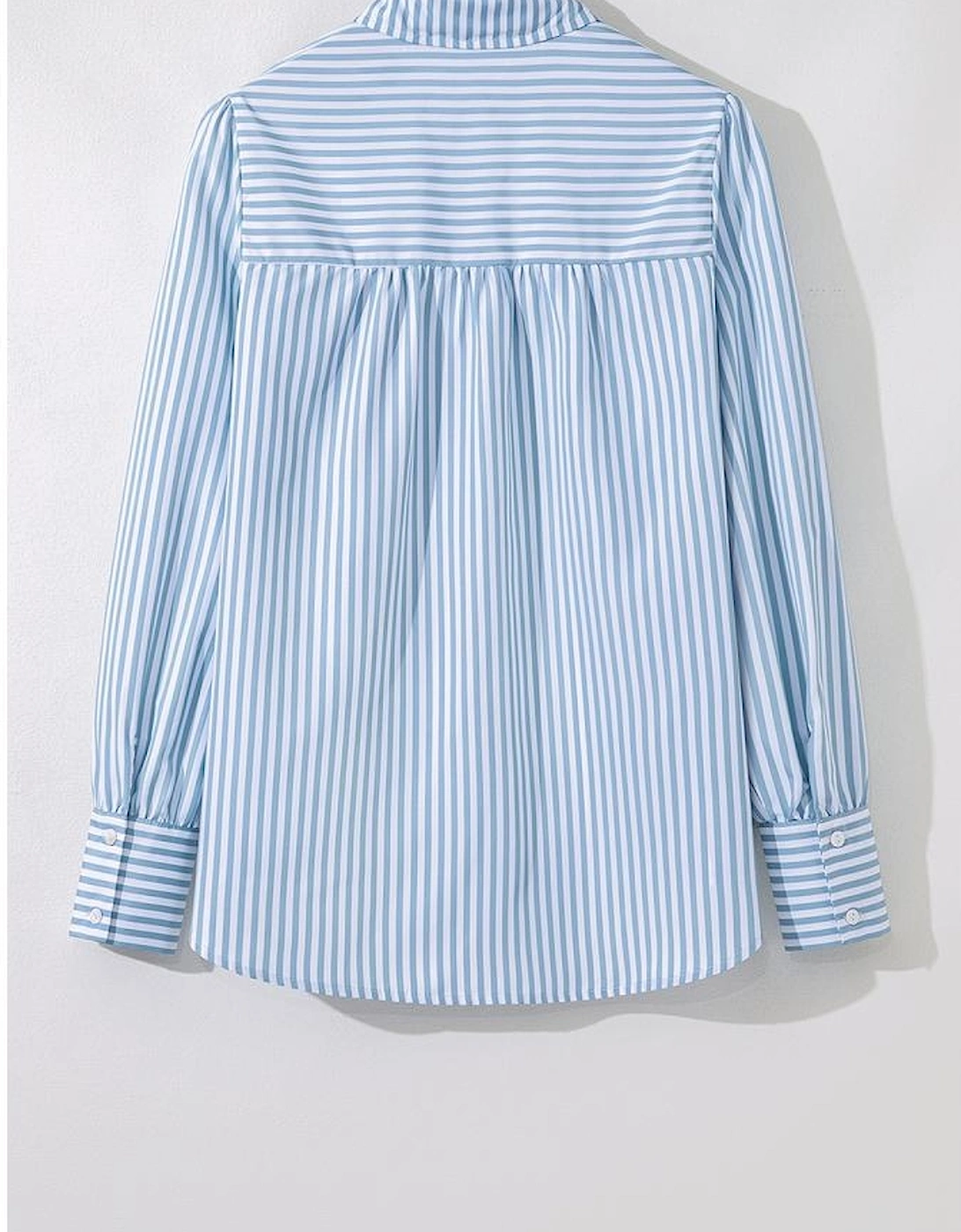 Sky Blue Stripe Shirred Detail Half Placket Collared Long Sleeve Fall Shirt