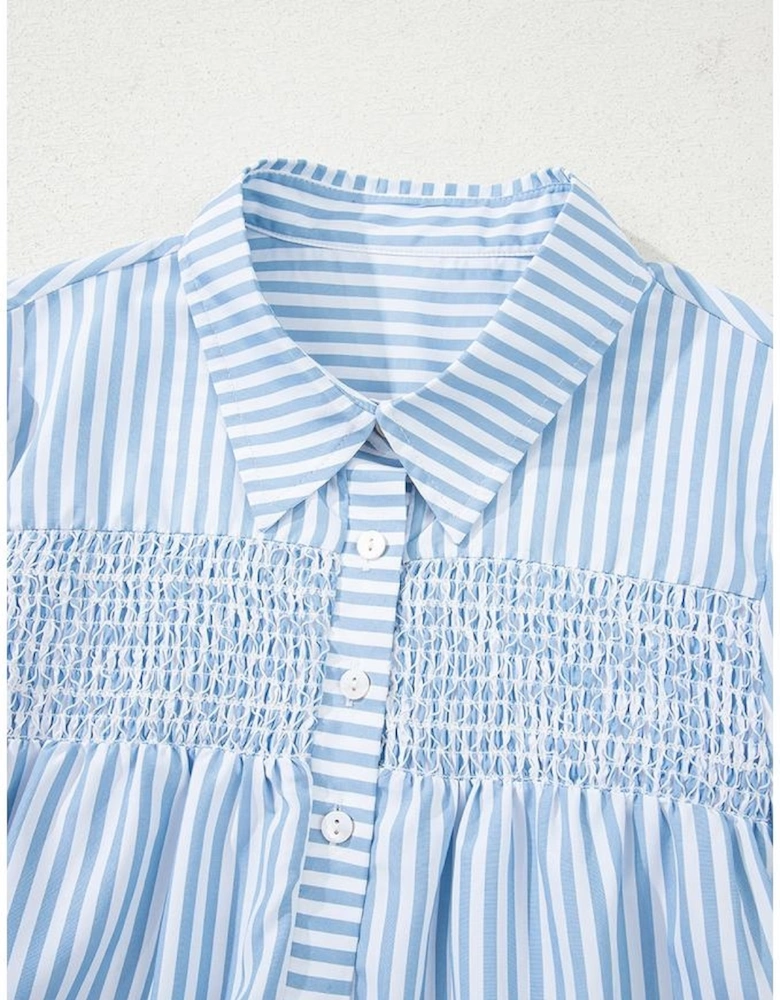 Sky Blue Stripe Shirred Detail Half Placket Collared Long Sleeve Fall Shirt