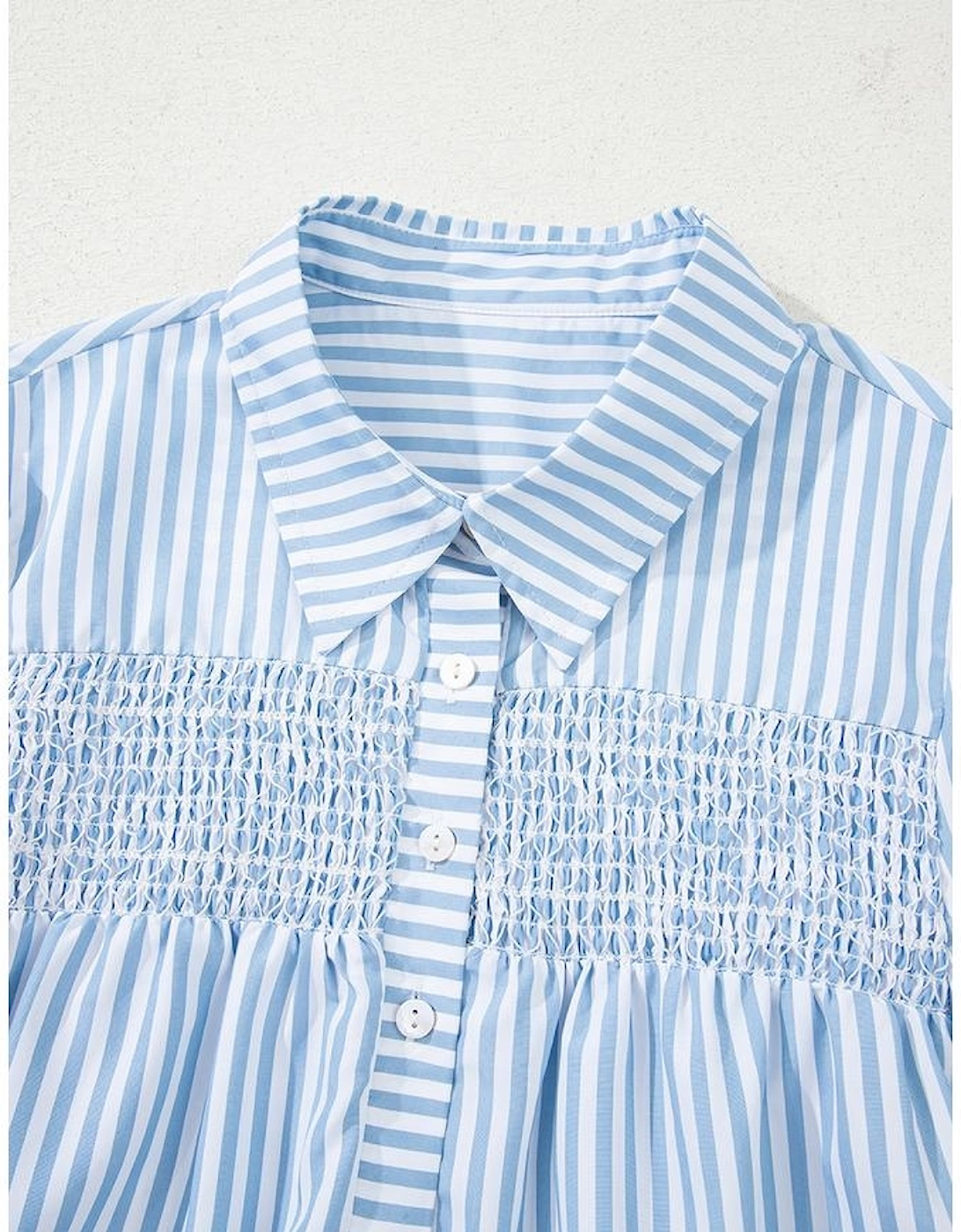 Sky Blue Stripe Shirred Detail Half Placket Collared Long Sleeve Fall Shirt
