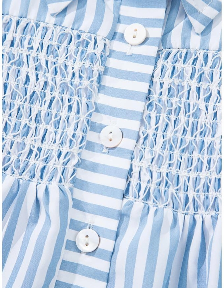 Sky Blue Stripe Shirred Detail Half Placket Collared Long Sleeve Fall Shirt