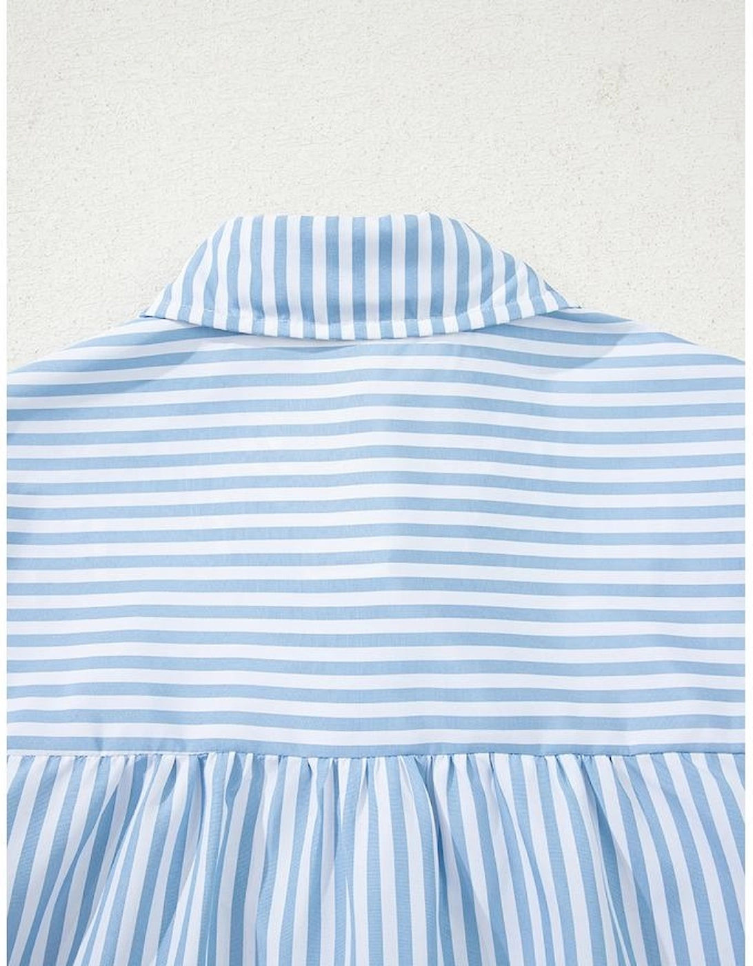 Sky Blue Stripe Shirred Detail Half Placket Collared Long Sleeve Fall Shirt