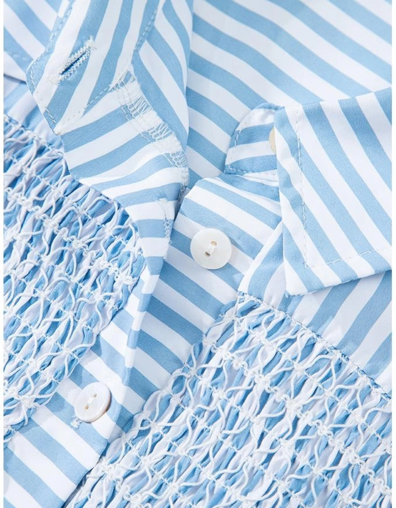 Sky Blue Stripe Shirred Detail Half Placket Collared Long Sleeve Fall Shirt