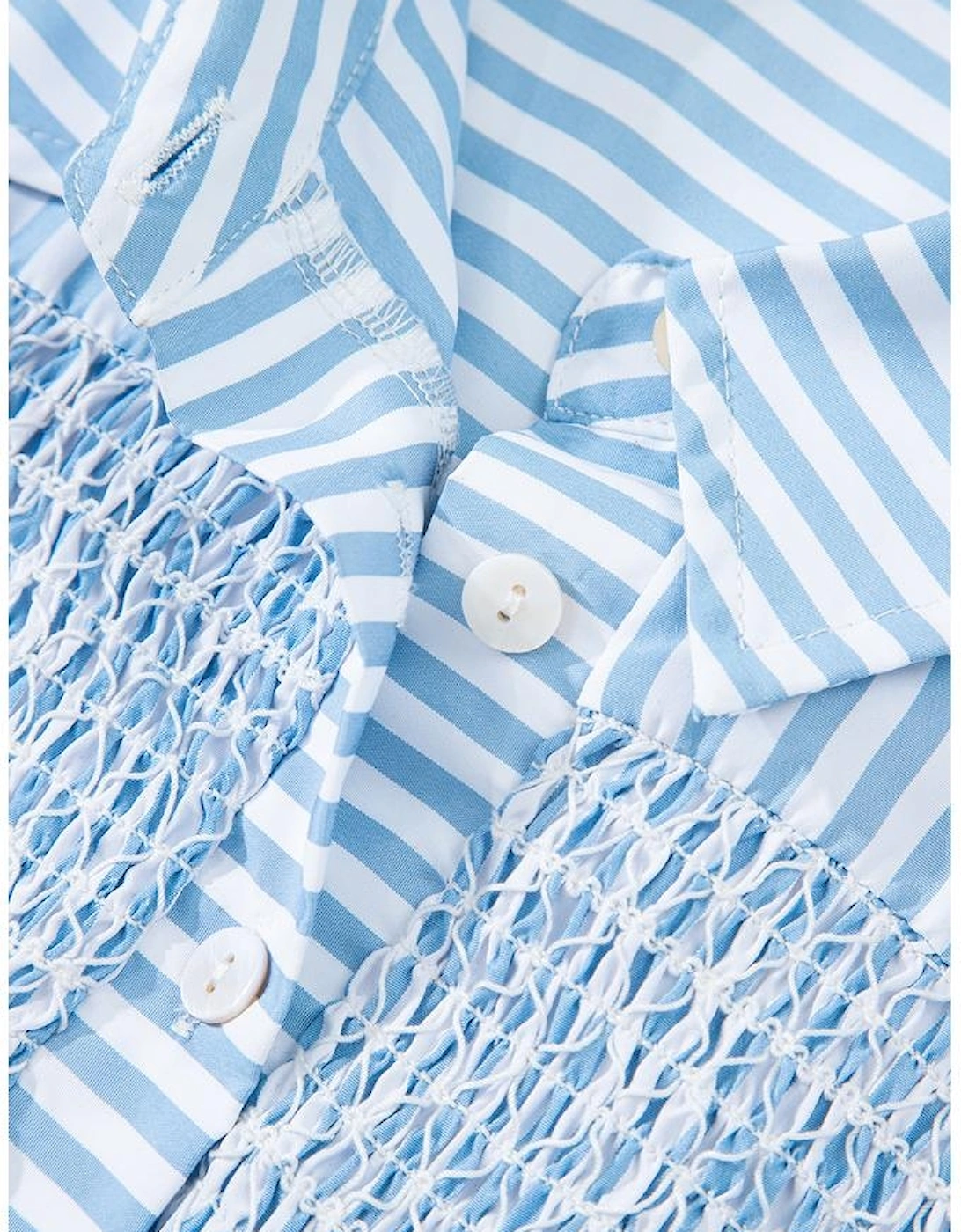Sky Blue Stripe Shirred Detail Half Placket Collared Long Sleeve Fall Shirt