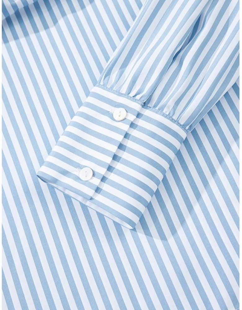 Sky Blue Stripe Shirred Detail Half Placket Collared Long Sleeve Fall Shirt