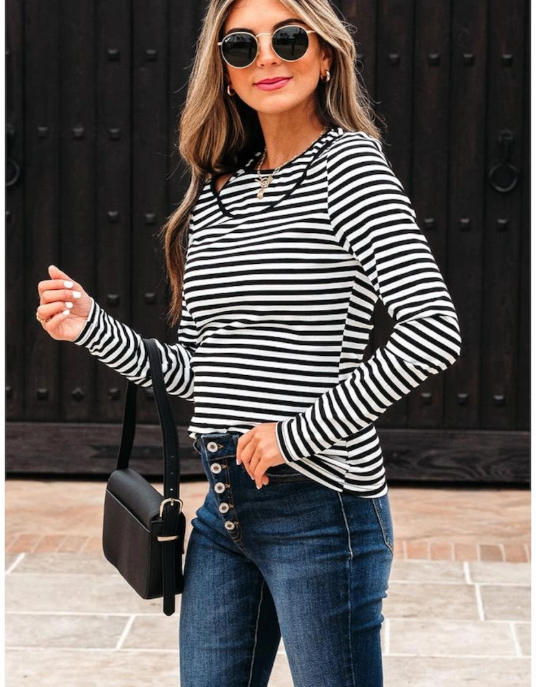 Black Stripe Double-layer Cold Shoulder Long Sleeve Top