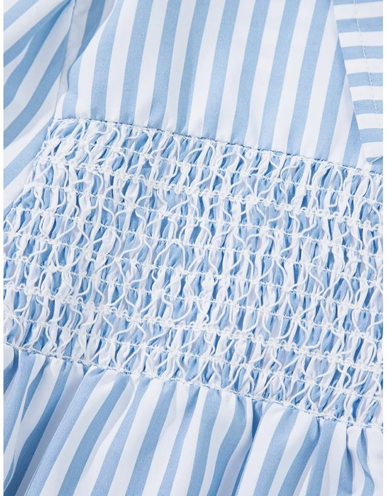 Sky Blue Stripe Shirred Detail Half Placket Collared Long Sleeve Fall Shirt