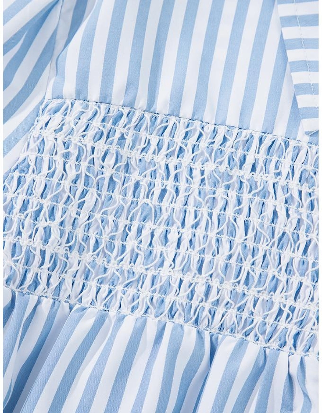 Sky Blue Stripe Shirred Detail Half Placket Collared Long Sleeve Fall Shirt