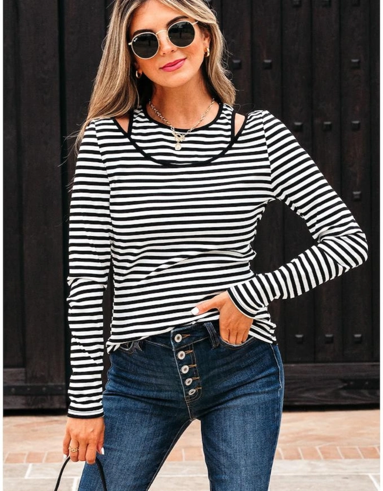 Black Stripe Double-layer Cold Shoulder Long Sleeve Top