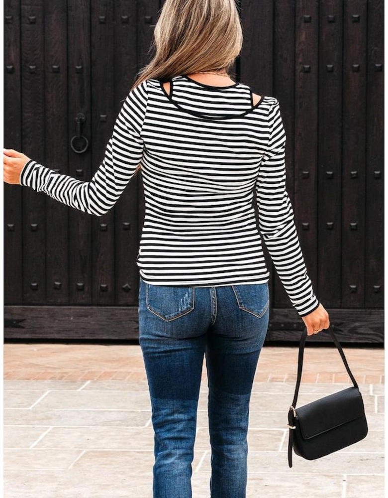 Black Stripe Double-layer Cold Shoulder Long Sleeve Top