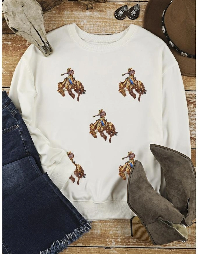 White Sequin Rodeo Patched Drop Shoulder Sweatshirt