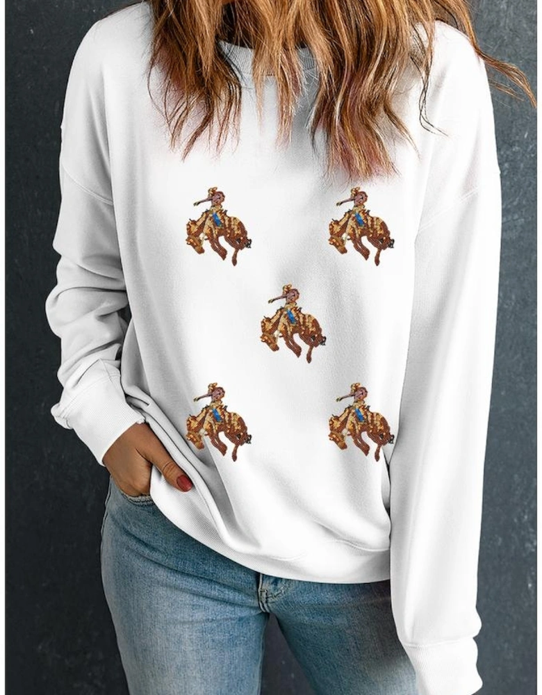 White Sequin Rodeo Patched Drop Shoulder Sweatshirt