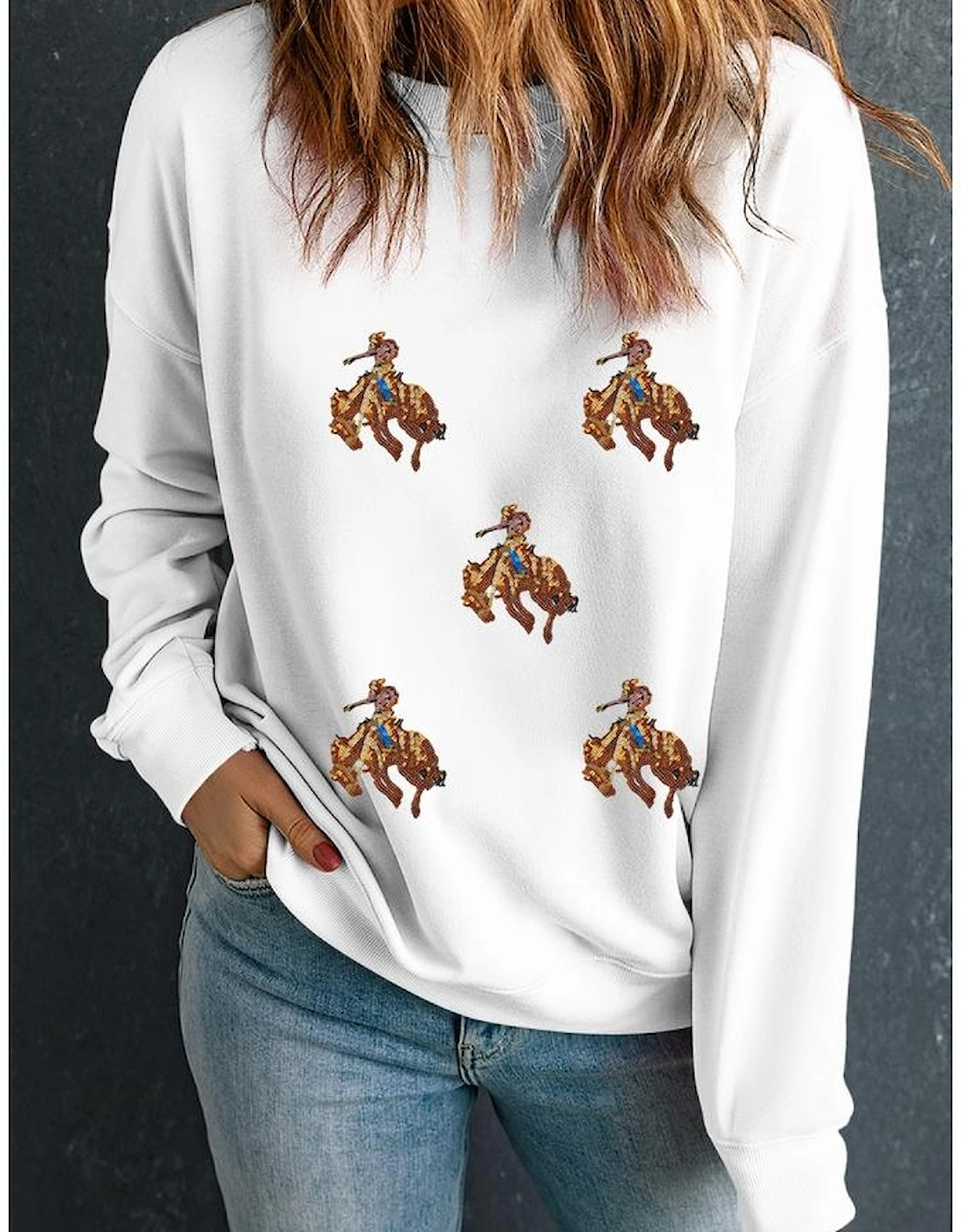 White Sequin Rodeo Patched Drop Shoulder Sweatshirt
