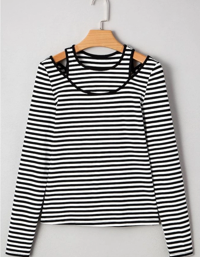 Black Stripe Double-layer Cold Shoulder Long Sleeve Top