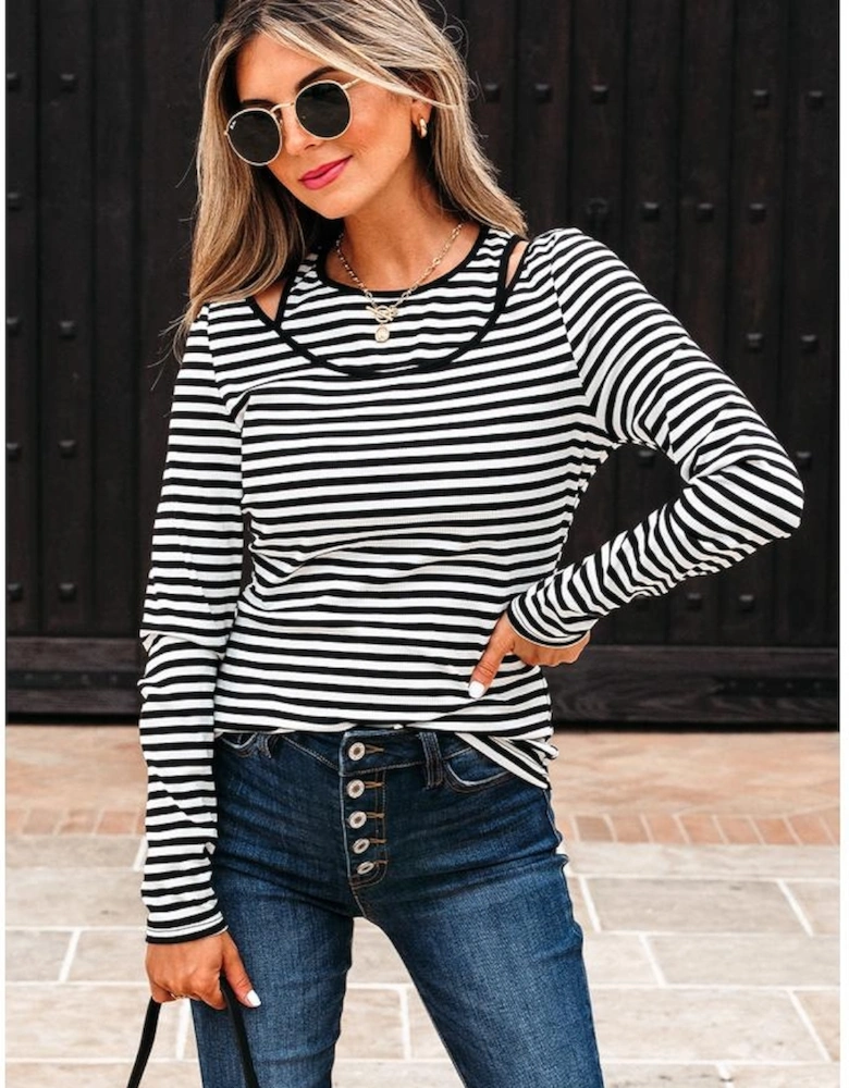 Black Stripe Double-layer Cold Shoulder Long Sleeve Top