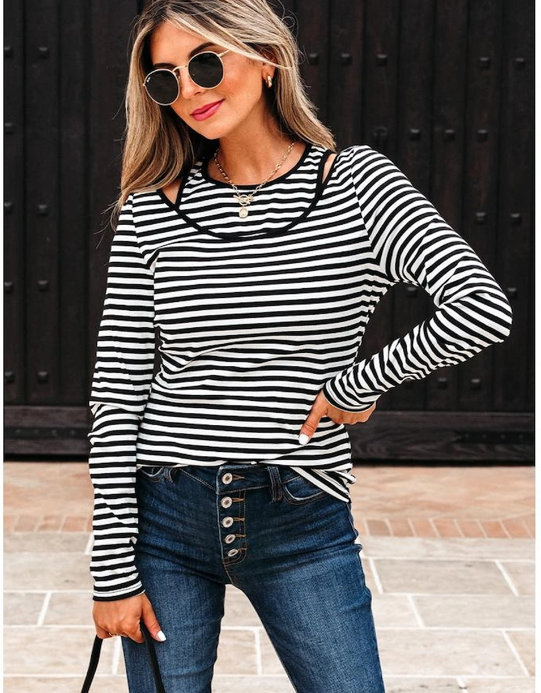 Black Stripe Double-layer Cold Shoulder Long Sleeve Top