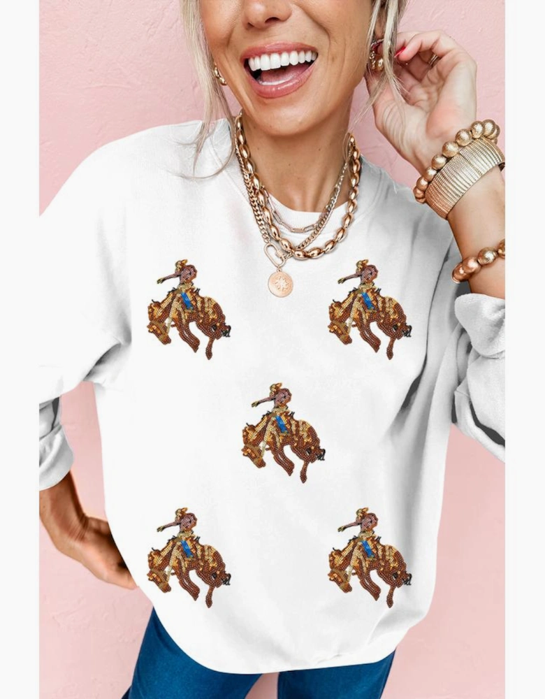 White Sequin Rodeo Patched Drop Shoulder Sweatshirt