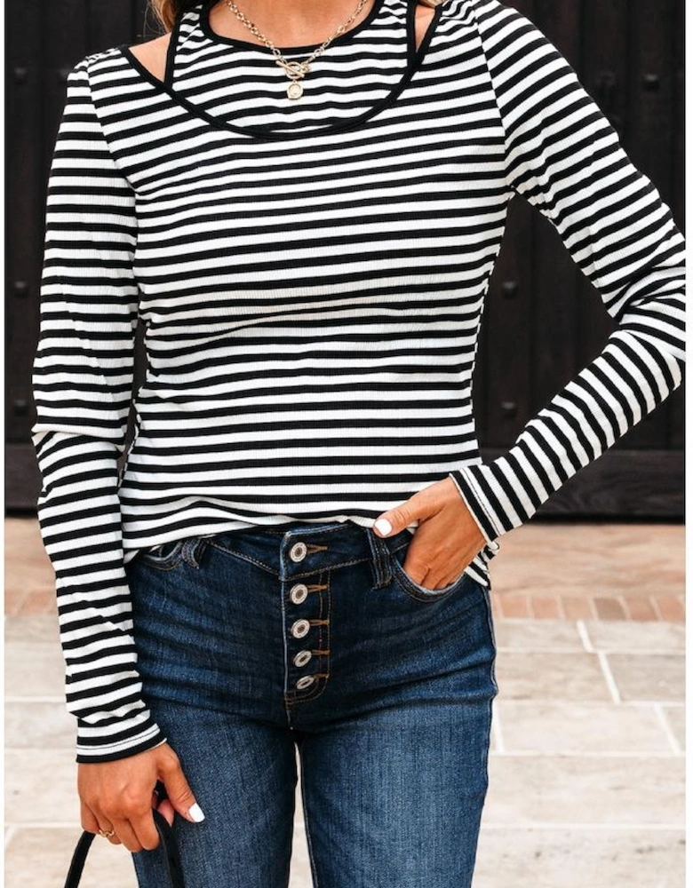 Black Stripe Double-layer Cold Shoulder Long Sleeve Top