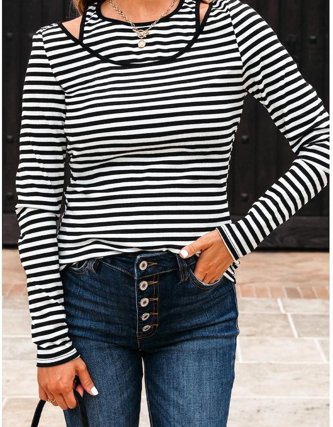 Black Stripe Double-layer Cold Shoulder Long Sleeve Top