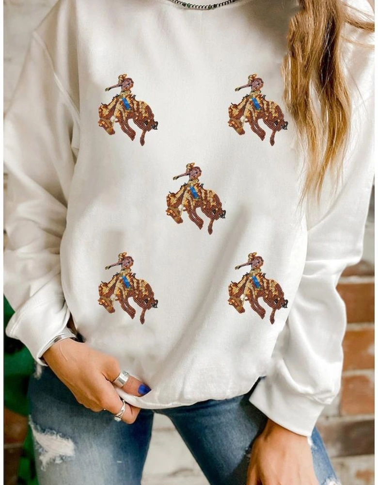 White Sequin Rodeo Patched Drop Shoulder Sweatshirt