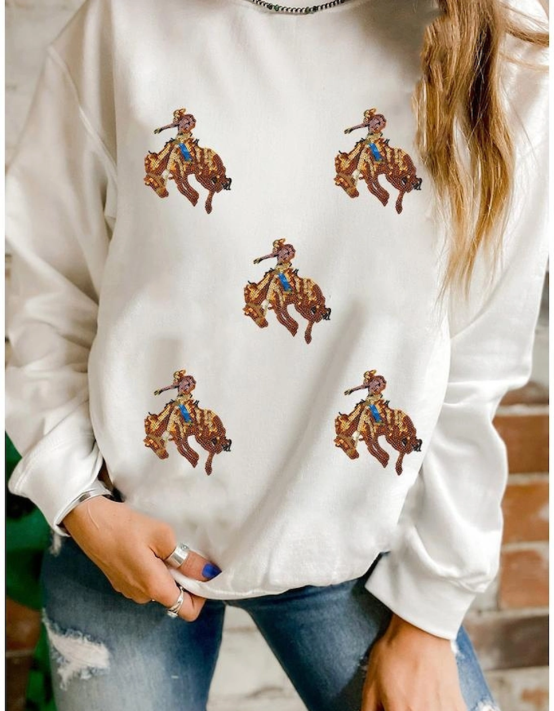 White Sequin Rodeo Patched Drop Shoulder Sweatshirt