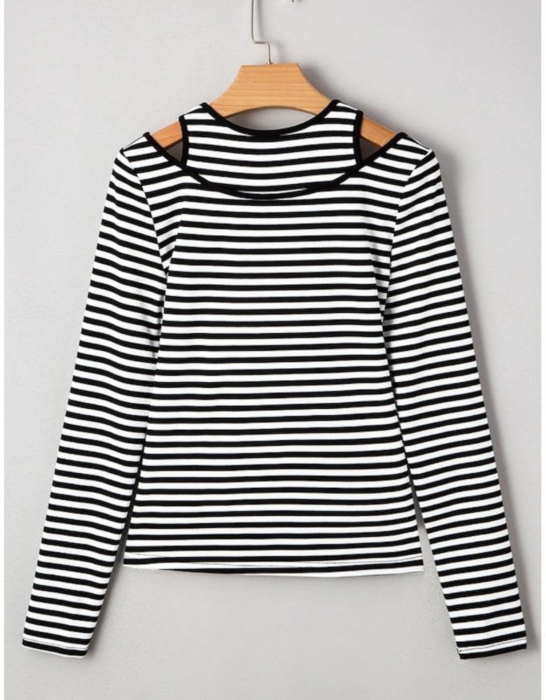 Black Stripe Double-layer Cold Shoulder Long Sleeve Top
