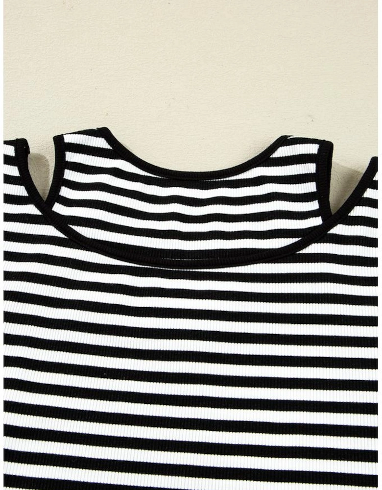 Black Stripe Double-layer Cold Shoulder Long Sleeve Top