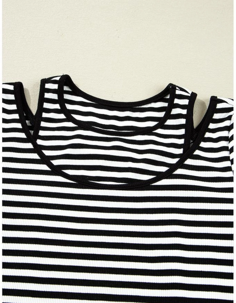 Black Stripe Double-layer Cold Shoulder Long Sleeve Top