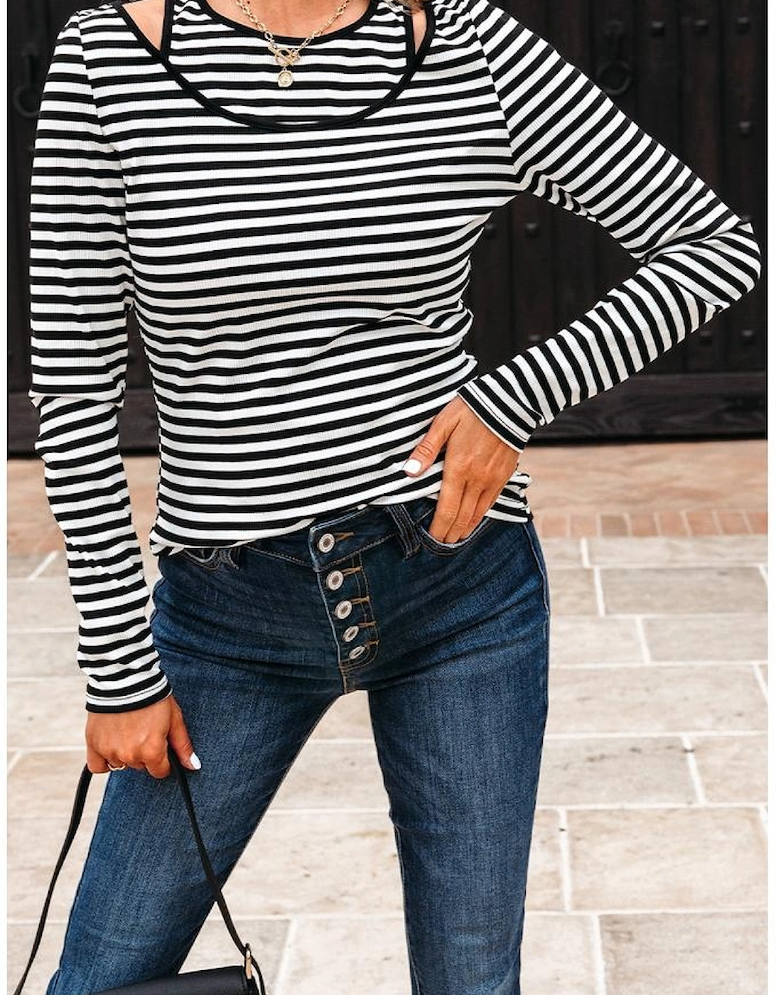Black Stripe Double-layer Cold Shoulder Long Sleeve Top