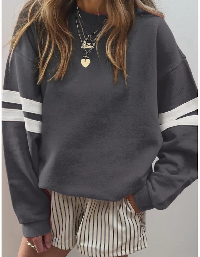 Dark Grey Varsity Striped Detail Drop Shoulder Oversized Sweatshirt
