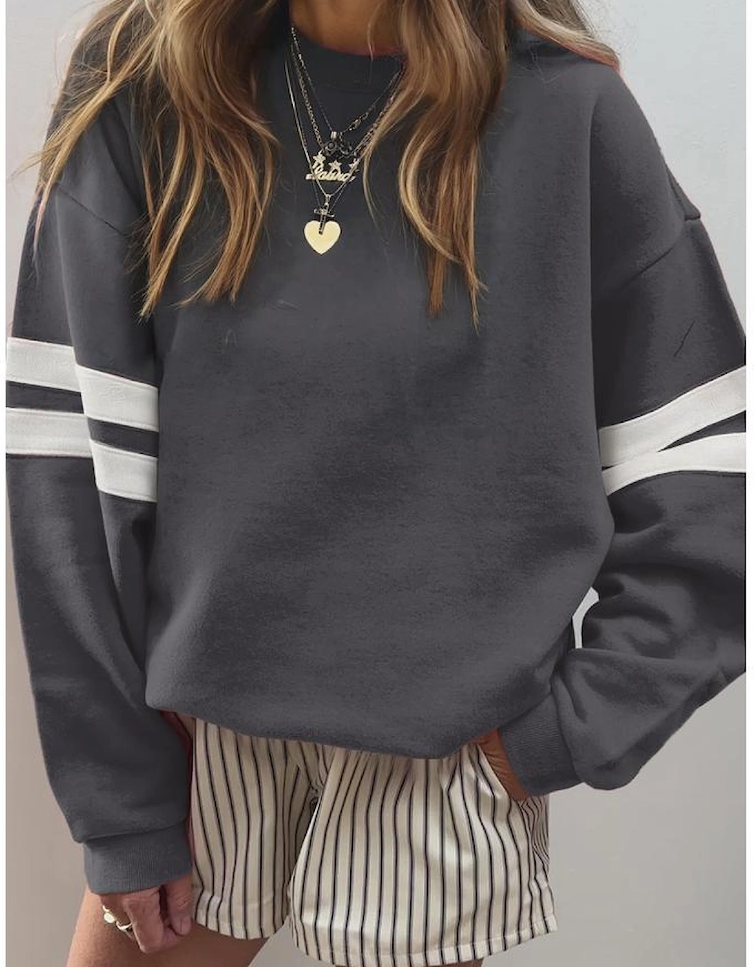 Dark Grey Varsity Striped Detail Drop Shoulder Oversized Sweatshirt, 2 of 1