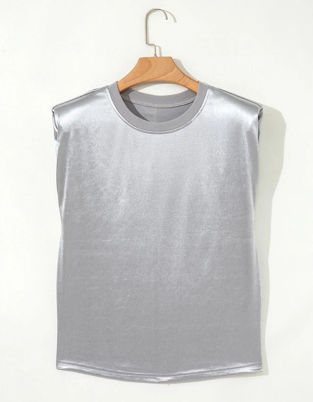 Silvery Metallic Luster Crew Neck Shift Tank Top