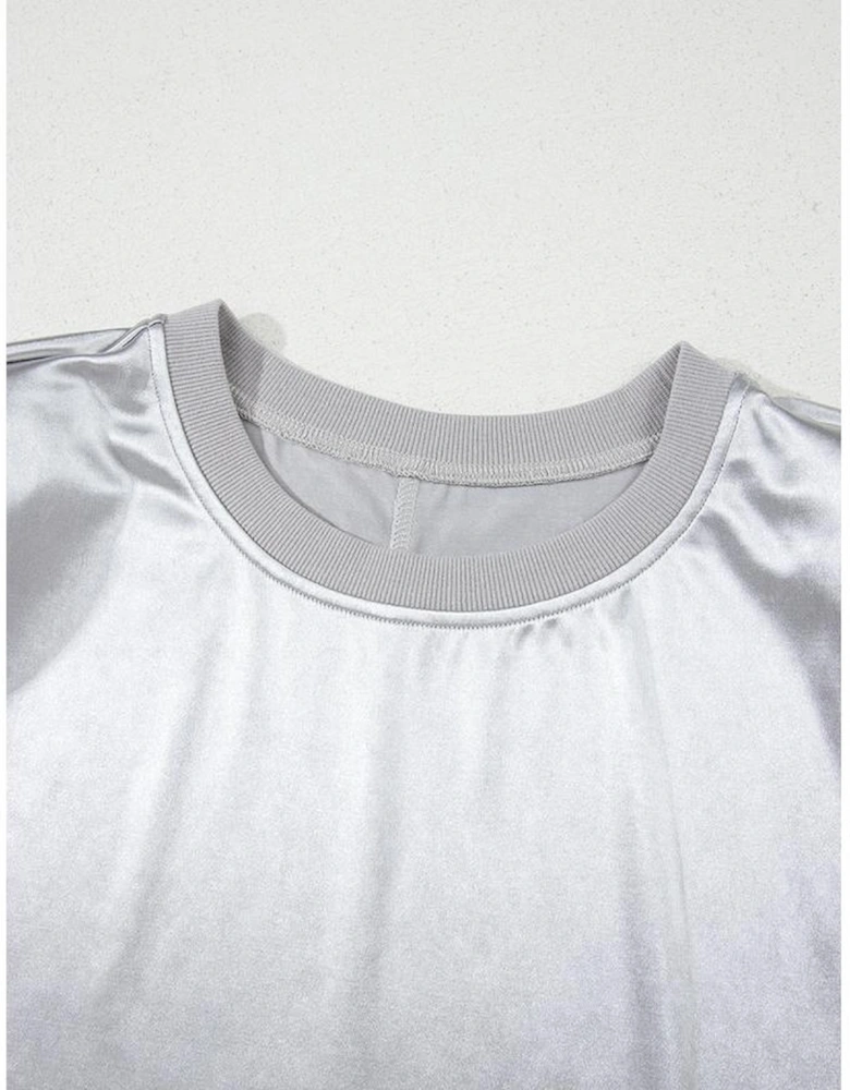 Silvery Metallic Luster Crew Neck Shift Tank Top