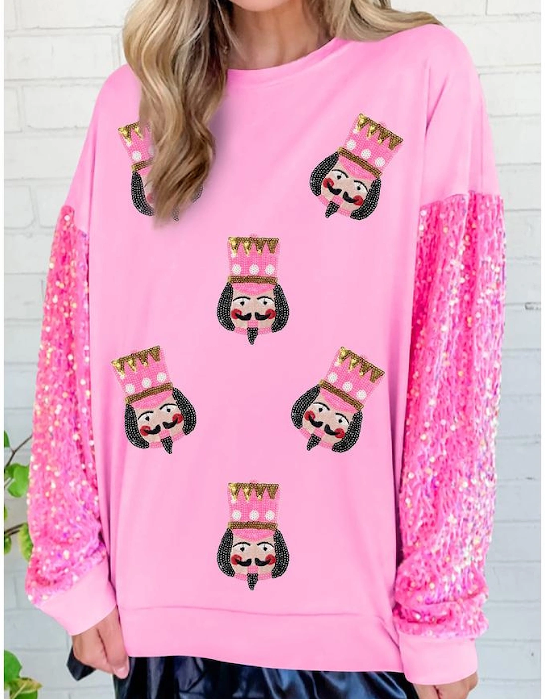 Pink Christmas Nutcracker Graphic Sequin Patchwork Long Sleeve Top