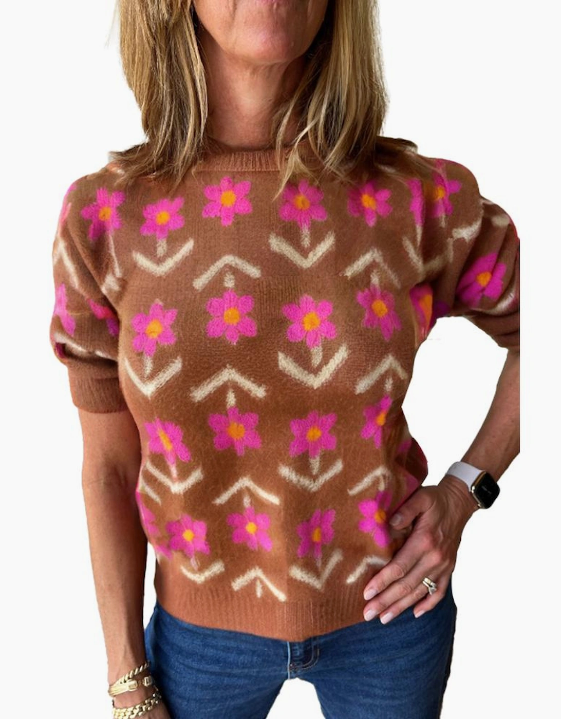 Brown Floral Short Puff Sleeve Sweater, 3 of 2