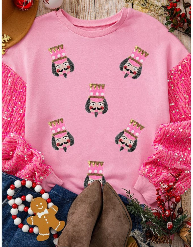 Pink Christmas Nutcracker Graphic Sequin Patchwork Long Sleeve Top