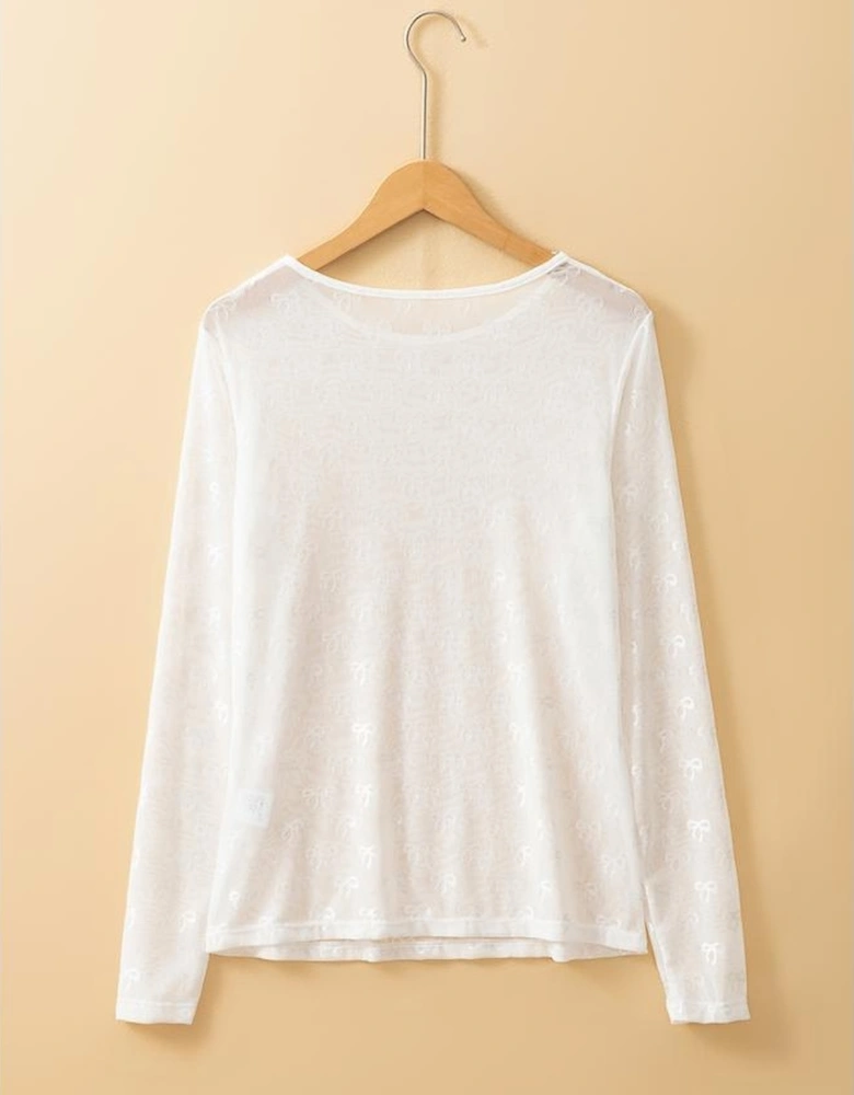 White Mesh Bow Pattern Long Sleeve Top