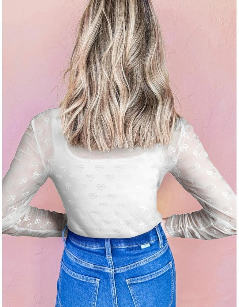 White Mesh Bow Pattern Long Sleeve Top